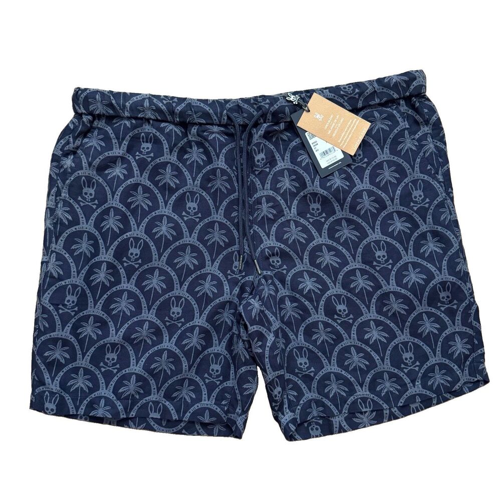 NWT Psycho Bunny Brad Linen Short 8 1/2" Men XL (Fits XXL) Skull Bunny Palm Tree